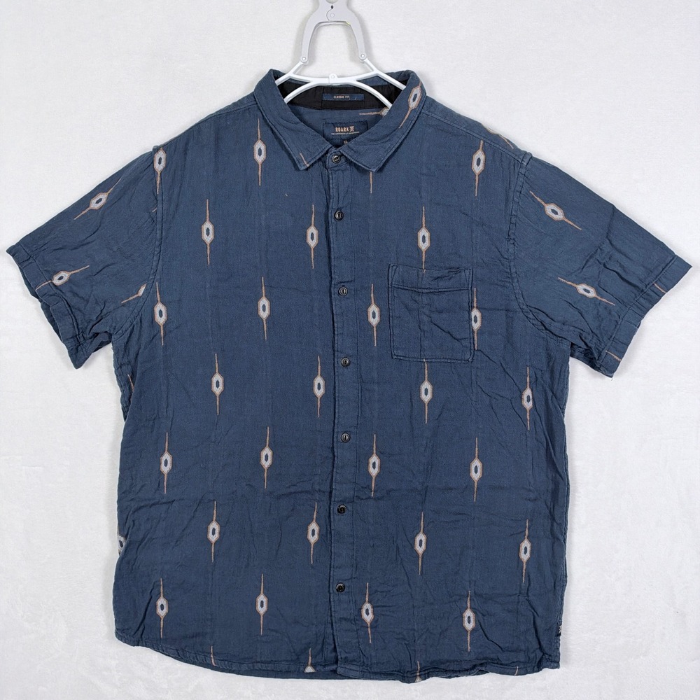 Roark Artifacts of Adventure Blue Organic Cotton Geometric Shirt Mens XL